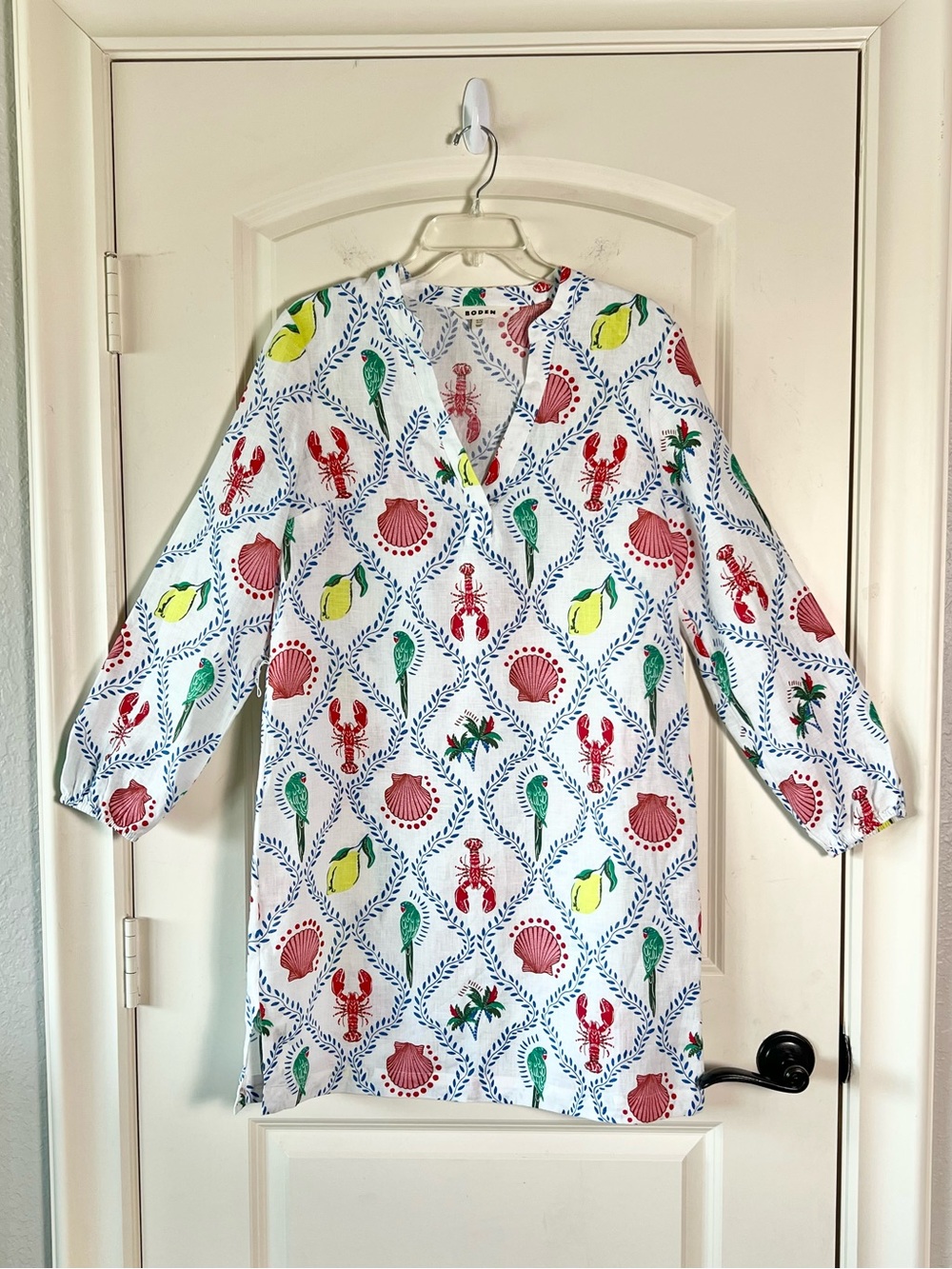 Boden Cleo Linen Shift Dress Size 8 White Lobster Clam Shell Coastal Print